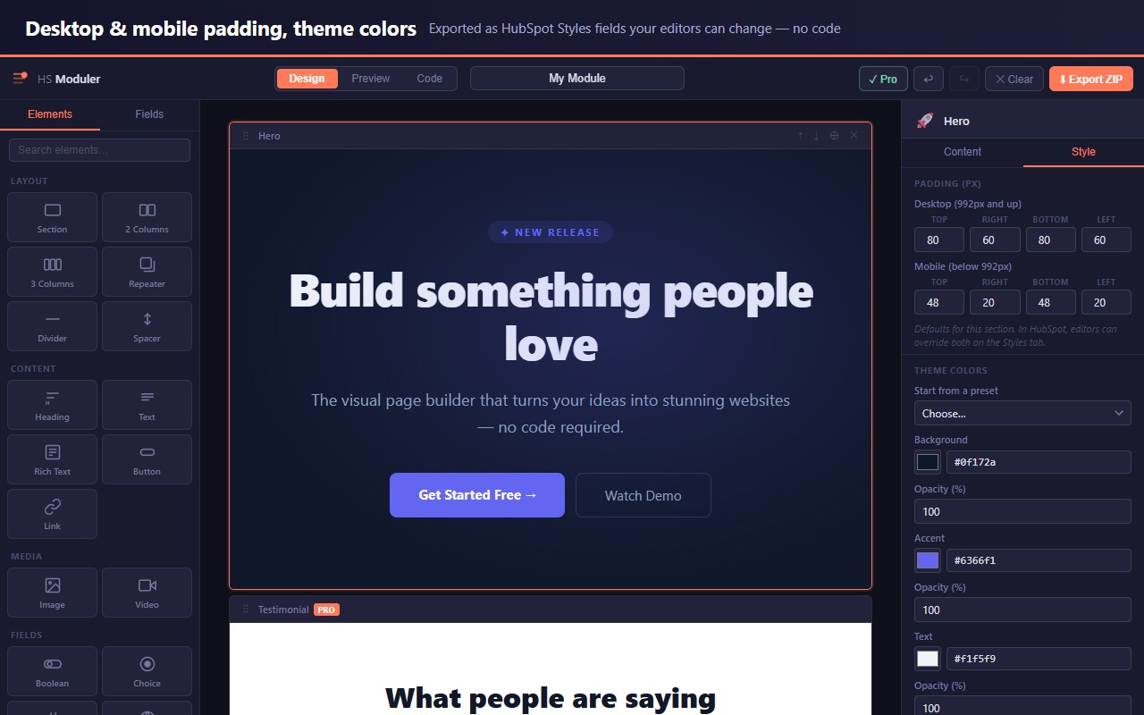Padding and color controls